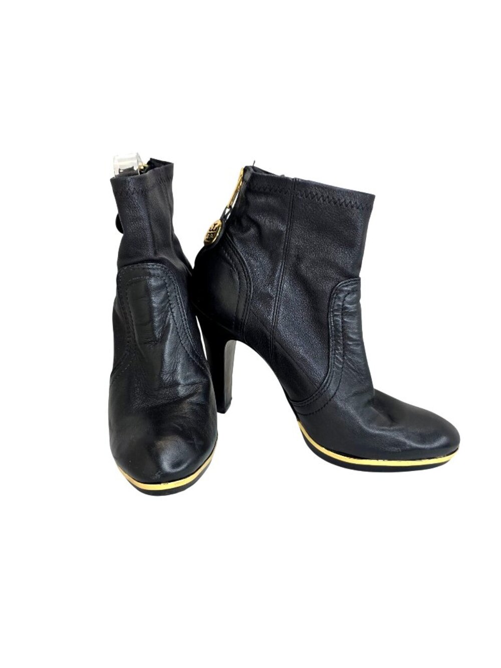Tory Burch Black Leather Ankle Booties With Gold Zipper Detail And 3.5" Heels Si